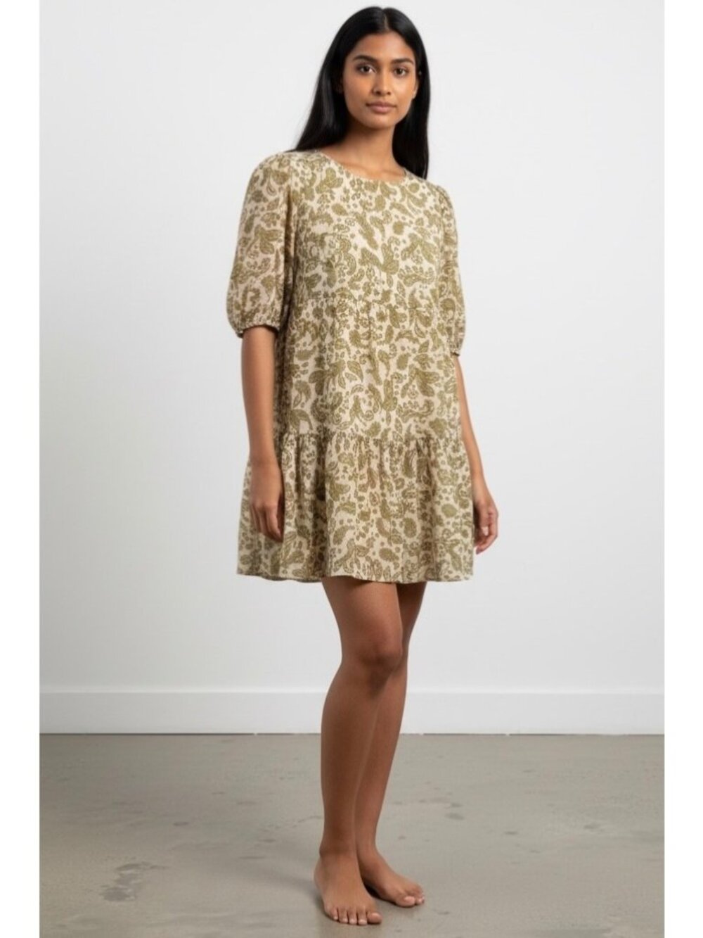 BB DAKOTA + STEVE MADDEN Beige + Green Paisley Lined Babydoll Dress NWT Small